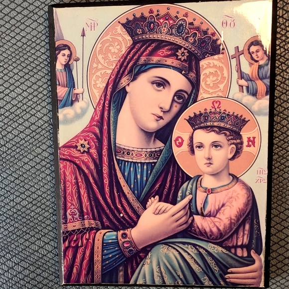 Vintage Blessed Virgin Mary and The Child Jesus Icon Wood Tile on Wood - Picture 1 of 8